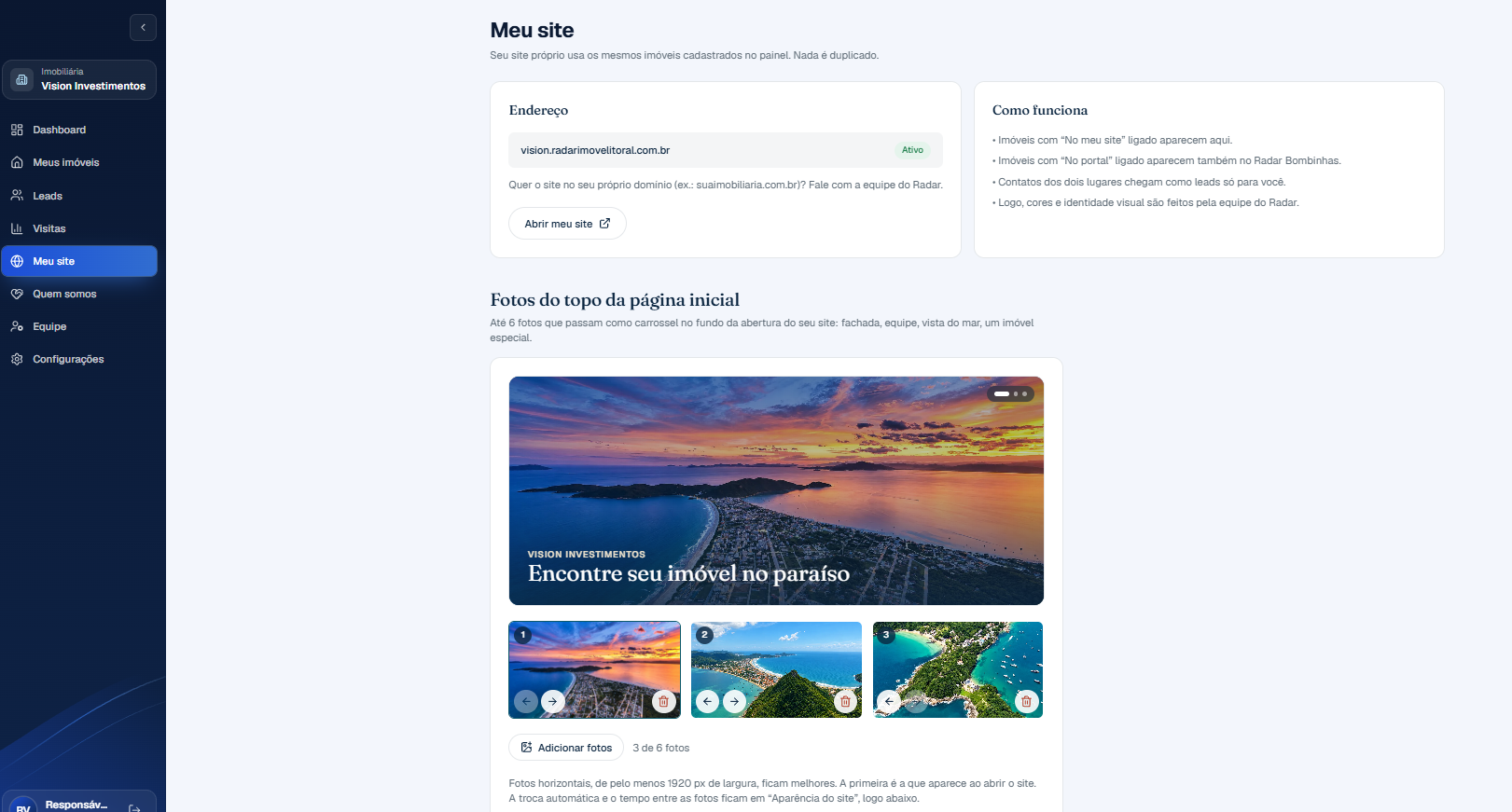 Painel: configuração do endereço e das fotos de abertura do site