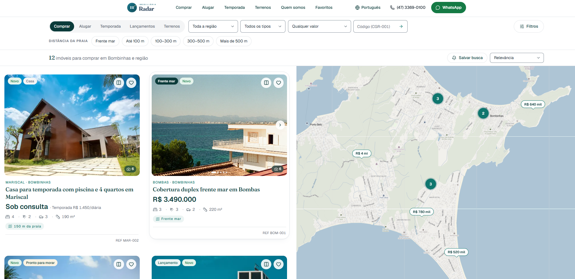 Site de demonstração do Radar Imobiliária: busca de imóveis com mapa