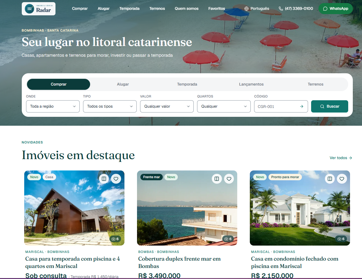 Site de demonstração do Radar Imobiliária: página inicial com busca e imóveis em destaque